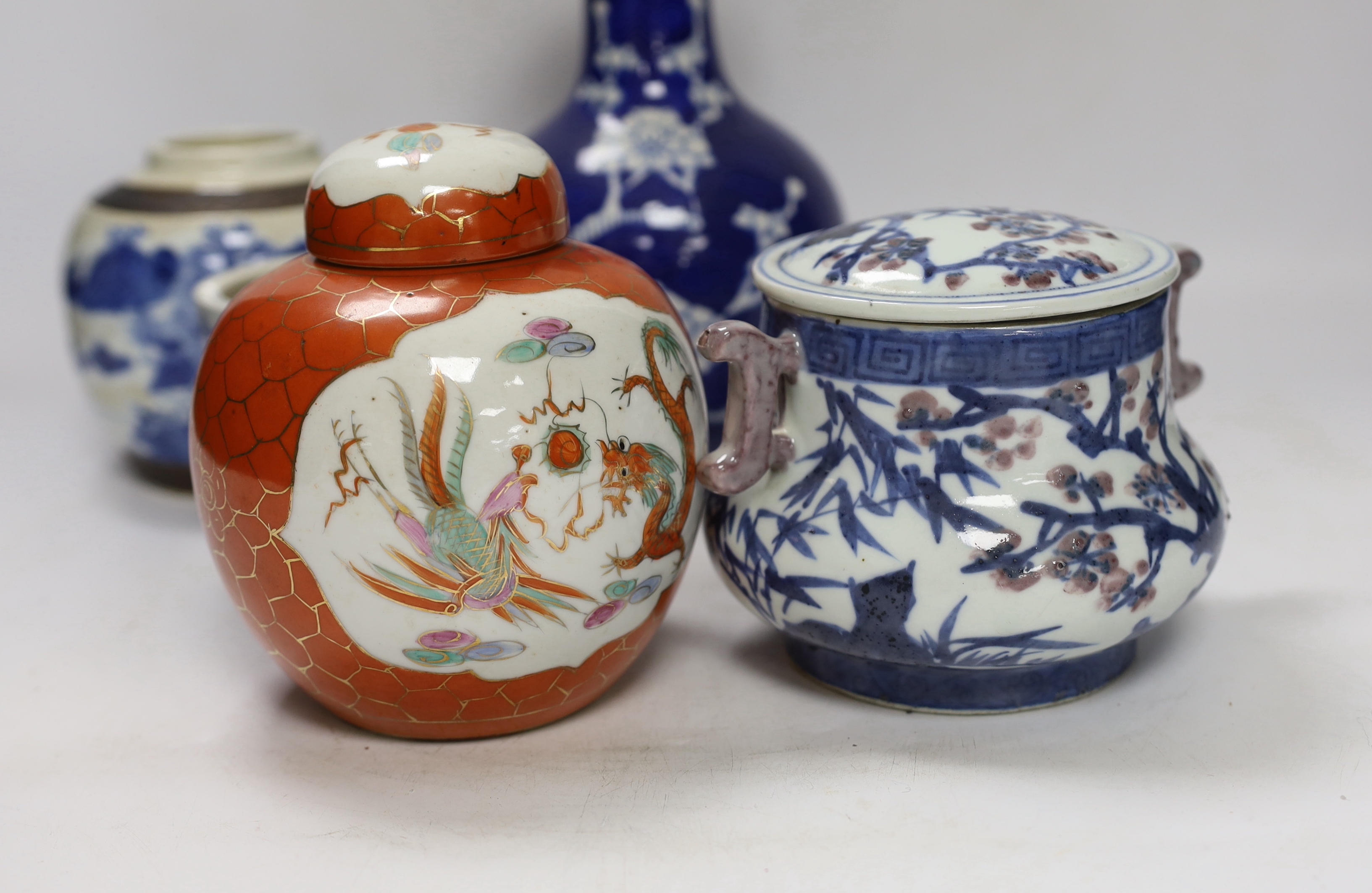 Two Chinese famille rose jars, similar pot with cover, brush pot and a vase, 18th century and later, tallest 24cm (5)